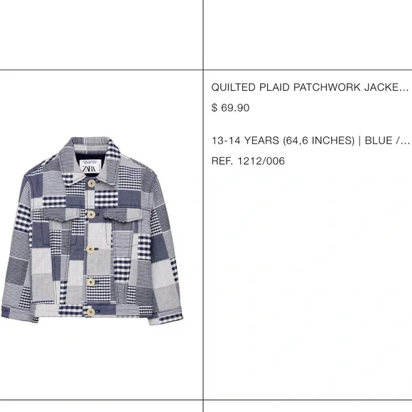 {Zara} QUILTED PLAID PATCHWORK JACKET kids Sz 13-14Yrs